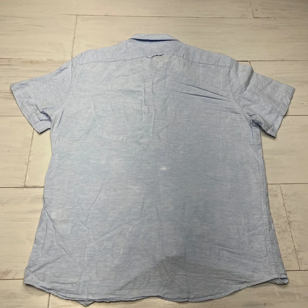 Banana Republic Linen Shirt Mens Large Blue Slim Fit Short Sleeve Button Down
